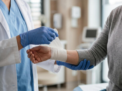 Doctor wrapping elastic bandage