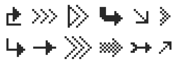 Fototapeten Restaurant Retro pixel art arrow icons in 8 bit arcade style Y2K. Interface icon set. Geometric play buttons and retro game cursors. Trendy digital collection  © Alyona