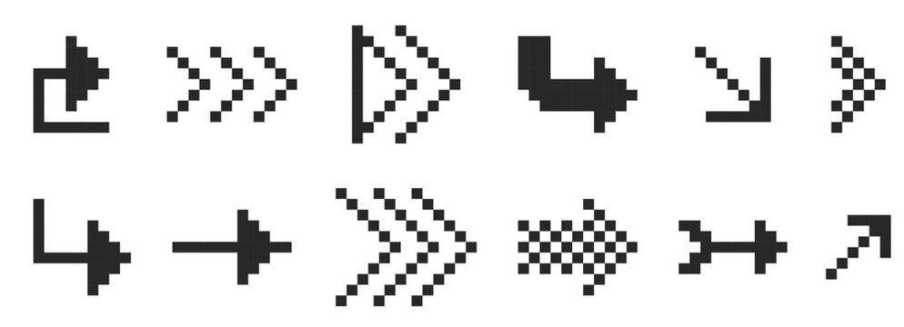 Retro pixel art arrow icons in 8 bit arcade style Y2K. Interface icon set. Geometric play buttons and retro game cursors. Trendy digital collection