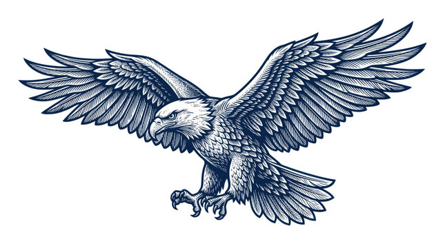 Majestically flying bald eagle with spread wings and sharp talons
