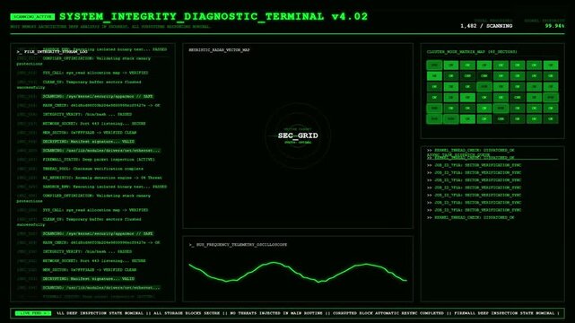 System Integrity Diagnostic Terminal Heuristic Radar Cluster Matrix Dashboard Animation Green Loop.