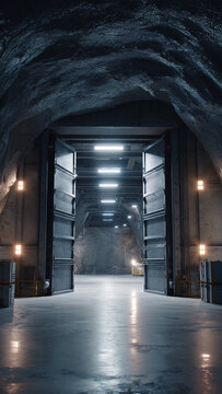 Secret underground tunnel, secure storage, metal gate, shelter
