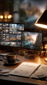 Monitors on a desk, computers, workstation