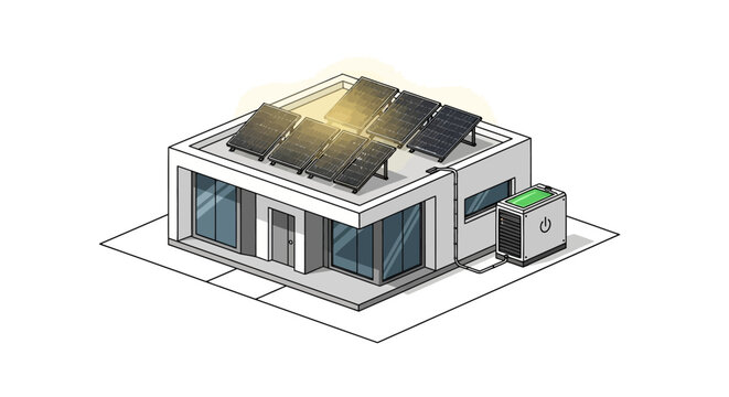 Modern house with solar panels on the roof and an external battery storage unit, illustrating renewable energy.