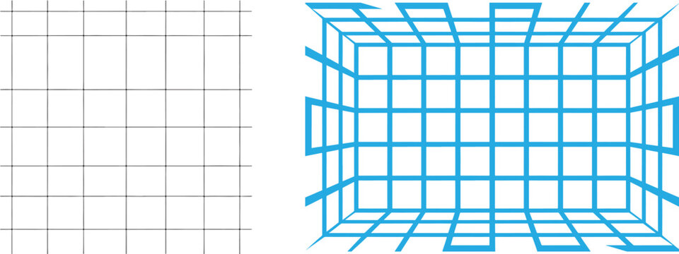Geometric grid set with black 2D square pattern and blue 3D perspective wireframe for technical design and digital backgrounds