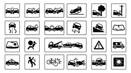 Obraz premium Collection of car accident and road emergency icons featuring vehicle collisions and emergency services, providing visual assets for insurance claims, illustrating traffic safety reports