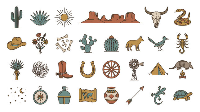 Set of Wild West desert line icons featuring cactus cowboy boots skull animals and landscape elements, symbolizing Southwestern culture and provides versatile graphics for travel themes