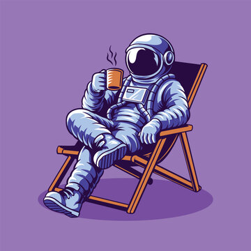 Relaxing Astronaut Drinking Coffee Cartoon Vector Illustration
