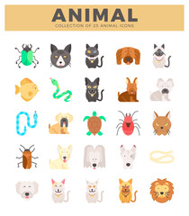 Fototapeta premium 25 flat animal icon collection on white background. Various domestic and wild animals. pets. insects. reptiles. fish.