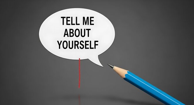 Speech bubble with "TELL ME ABOUT YOURSELF" and a pencil on grey background