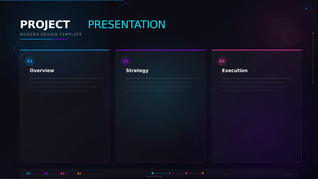 Modern project presentation template with three steps, dark futuristic business infographic layout, overview strategy and execution slides