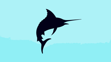 Fototapeta premium Silhouette Marlin Jumping Ocean Water Blue Background