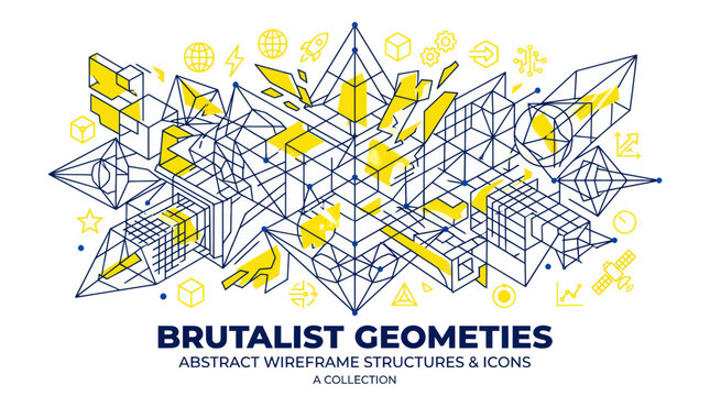 Abstract brutalist geometric wireframes with linear technology icons
