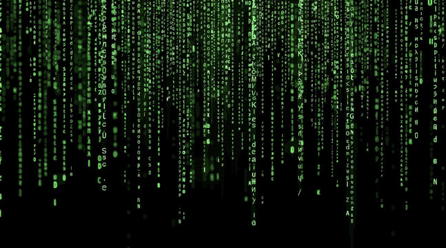 Digital Rain, Code Falling, Futuristic Data Stream, Green Binary Numbers