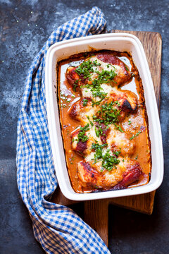 Baked chicken breast with tomato sauce and mozzarella