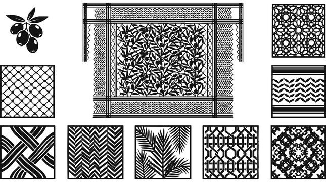 Keffiyeh style olive branch and geometric pattern set with monochrome fence patterns and islamic art for decorative laser cut panels