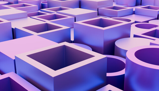 Abstract purple 3d geometric cube and tube structure