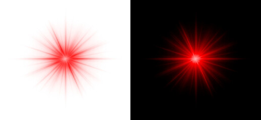 Red glowing star lens flare light effect with transparency and black background high resolution realistic vector starburst sparkle element graphic. © Design_Tree1