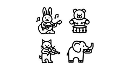 Fototapeta premium Musical animal characters playing instruments line icons.