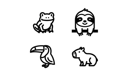 Fototapeta premium Exotic jungle animal icons including sloth and capybara.