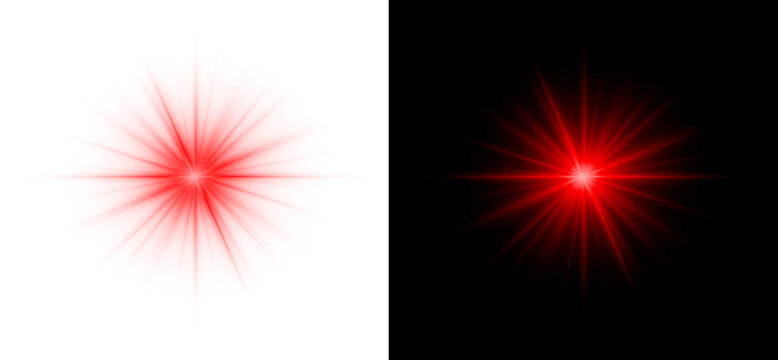 Red glowing star lens flare light effect with transparency and black background high resolution realistic vector starburst sparkle element graphic.