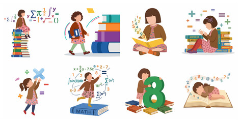 Fototapeta premium Set of illustrations featuring a young girl learning mathematics and reading books