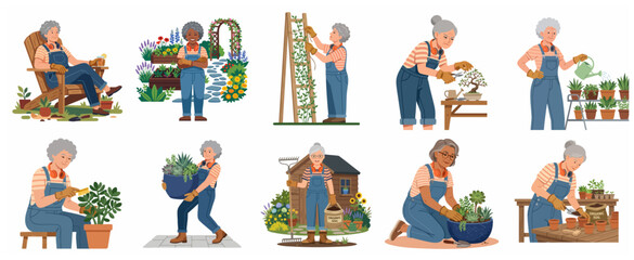 Fototapeta premium Set of Active Senior Women Gardening and Enjoying Outdoor Leisure Activities, Flat Vector Illustrations