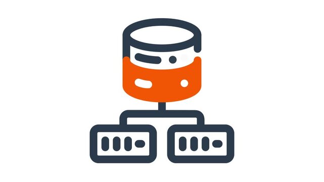 Animating database server icon connecting to storage nodes network infrastructure