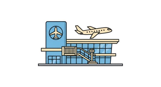 Airport terminal with airplane taking off.