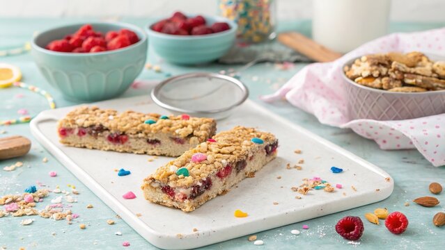 Festive granola bars with colorful toppings on a pastel surface during a cheerful snack time gathering