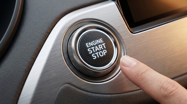 A finger pressing the engine start stop button in a modern car's dashboard.