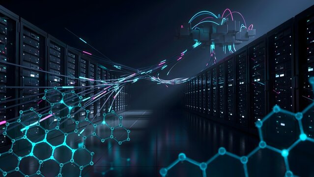 Graphene network tree inside AI data center &ndash; Suitable for server infrastructure ads, machine learning hardware guides, or big data visualization.