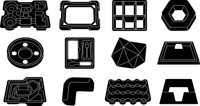 Isolated Packaging Insert Silhouettes Molded Product Trays Protective Packaging Structures Black Vector Shilhouette Icon Pack Editable