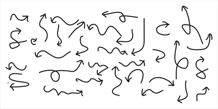 Hand drawn arrows set black isolated on white background
