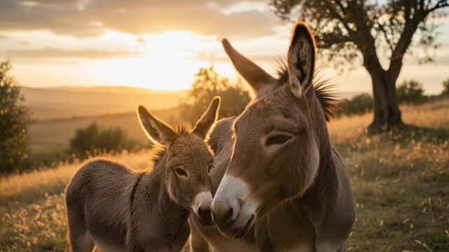 mother donkey and foal in tuscan countryside italy golden light close up video