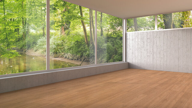 Empty room with panorama window and wooden floor, 3D Rendering
