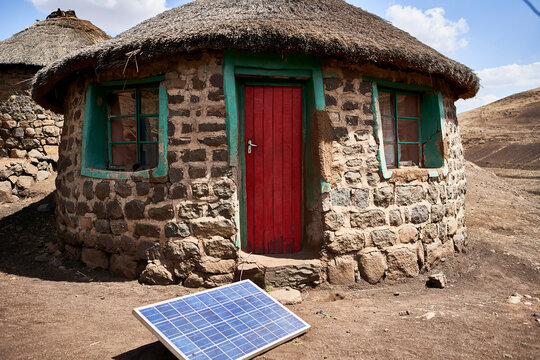Typical house with solar panel, Lesotho, Africa