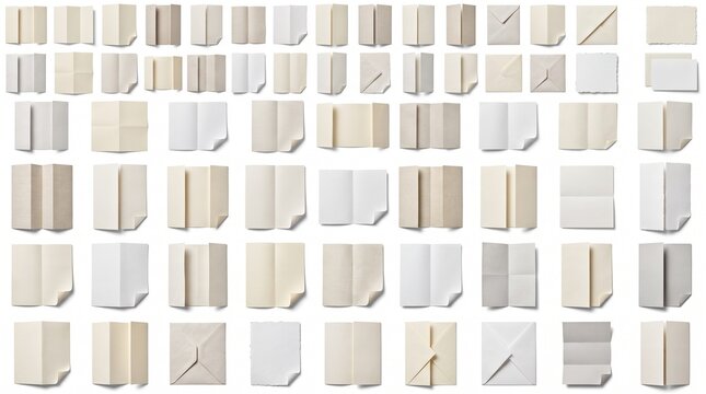 Versatile collection of 48 blank paper sheets, various folded and unfolded designs, isolated on white. Essential graphic resource for mockups, presentations, and creative projects.