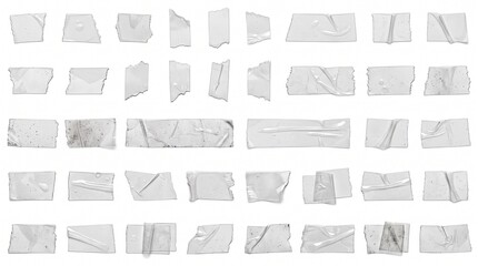 Fototapeta premium White adhesive tape strips, a collection of crumpled and torn sticky masking tape pieces. Realistic transparent duct tape elements for graphic design, a versatile set of isolated paper textures.