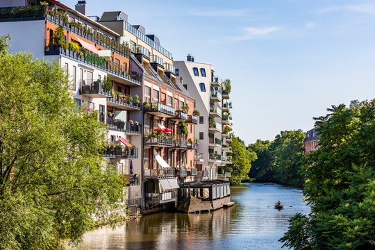 Germany, Saxony, Leipzig, Apartments along White Elster canal