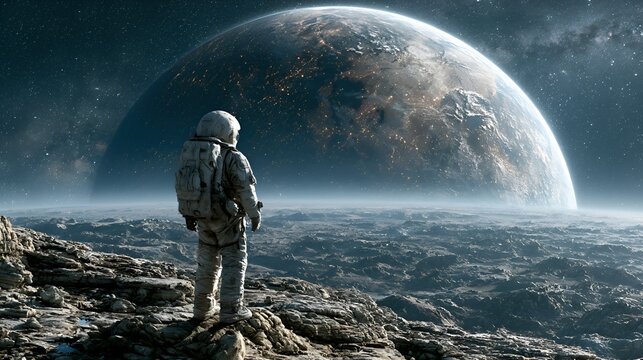 Astronaut stands on alien moon gazing at Earth from space