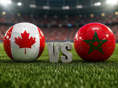 Soccer balls representing Canada and Morocco on green field