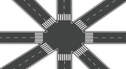 Fototapeta premium A top-down view of a complex multi-directional road intersection with multiple zebra crossings.
