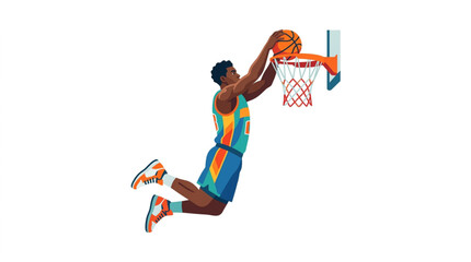 Basketball player performing a slam dunk in a game. © Siti