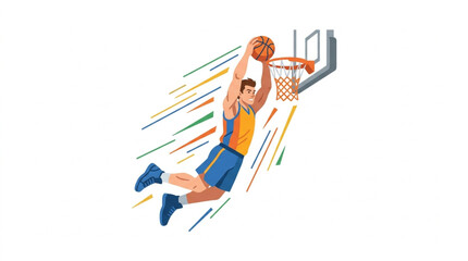 Basketball player performing a slam dunk during a game. © Siti
