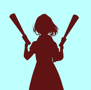 両手でメガホンを持った女性　シルエット