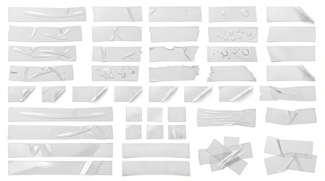 Clear adhesive tape strips, a collection of transparent sticky tape pieces for design elements. Realistic white plastic scotch tape set, crumpled and torn textures