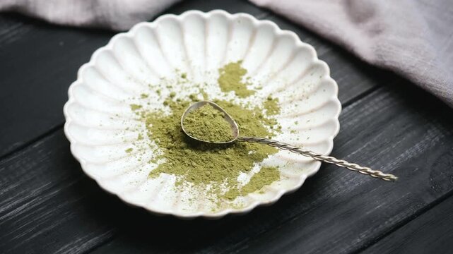 Matcha powder on a white plate with a spoon