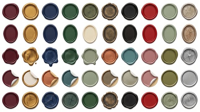 Elegant wax seal collection, a diverse set of 48 colorful wax seals for vintage design elements. Authentic antique wax stamps in various shapes and rich hues