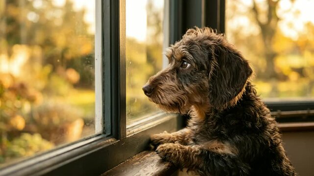 doxiepoo dog looking through window in paris france golden light close up video